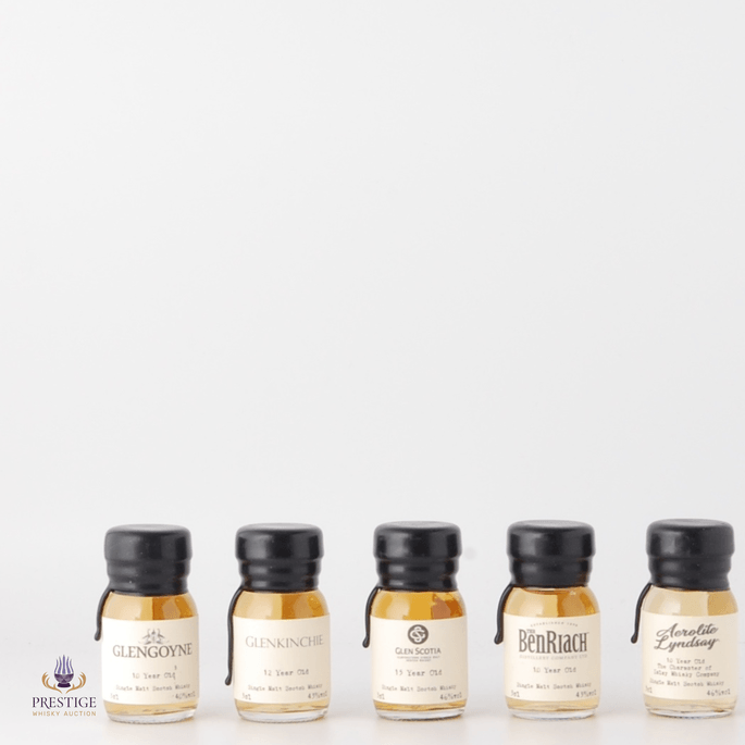 Regions Miniature Set: Glengoyne 10, Glenkinchie 12, Glen Scotia 15, Benriach 10, Aerolite Lyndsay 10
