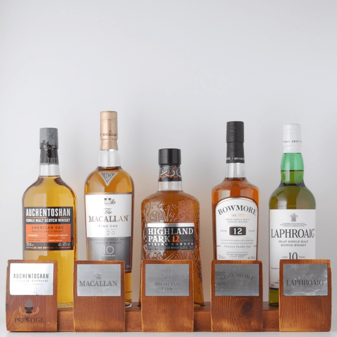 Whisky Display Plinth: Auchentoshan American Oak, Macallan 10 Fine Oak, Highland Park 12 Viking Honour, Bowmore 12, Laphroaig 10 Year Old