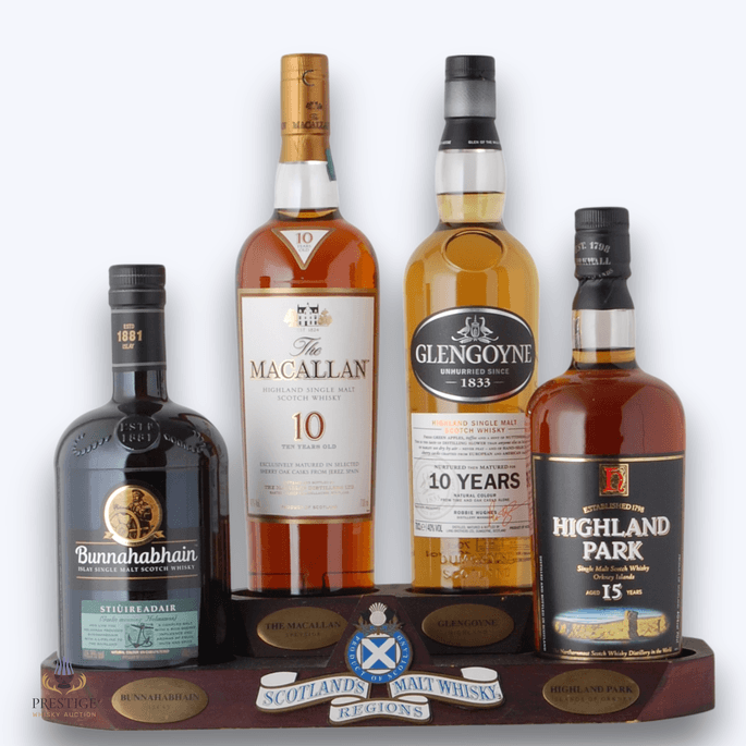 Whisky Display Plinth: Bunnahabhain Straidear, Macallan 10, Glengoyne 10, Highland Park 15 Year Old